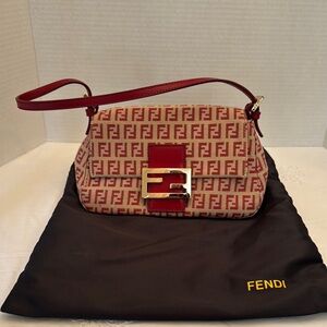 Fendi Zucca Mini Mama Shoulder Bag Vintage Baguette Canvas Leather Detail